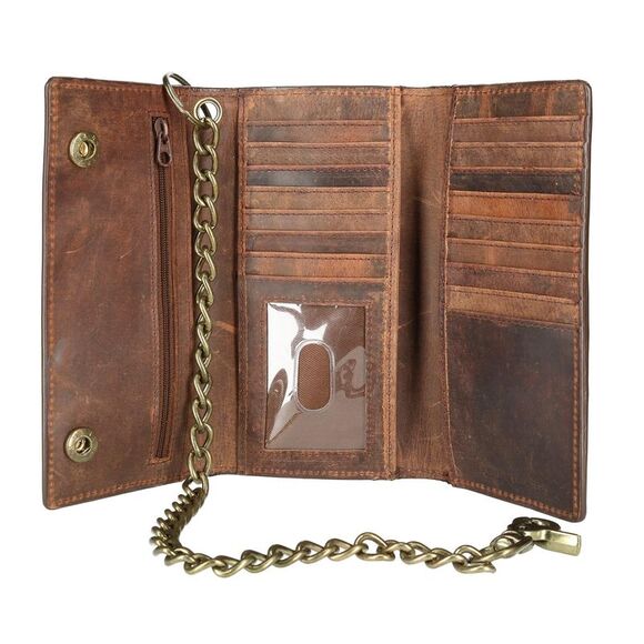 CTM Men's Crazy Horse Leather RFID Long Trifold Chain Wallet - Picture 3 of 5
